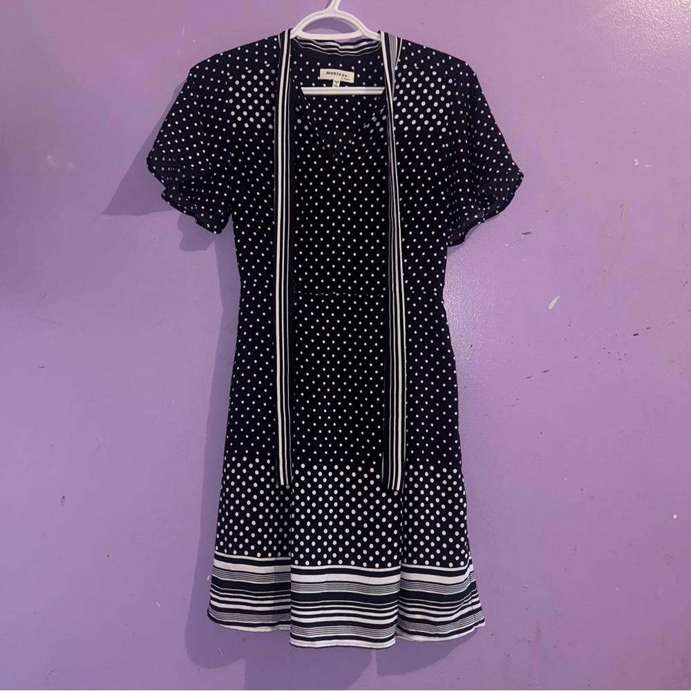 H&M Black & White Classic Polka Dot Neck Tie Front Mini Dress